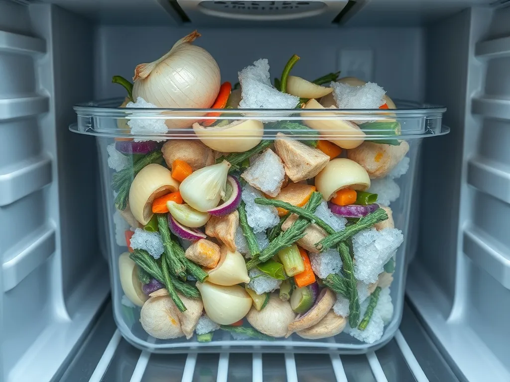 A glass container filled with frozen vegetable scraps, onion