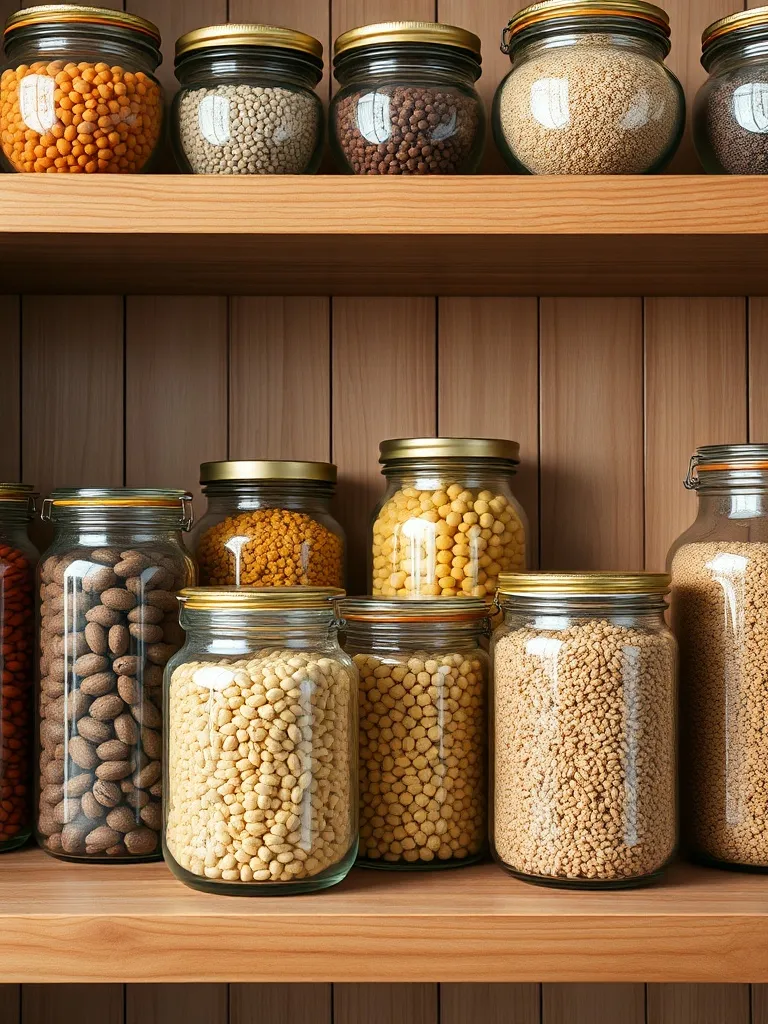 Organized glass jars with dried legumes and grains on a wood