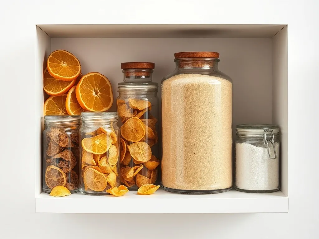 Dehydrated citrus peels and powdered spices in glass jars on