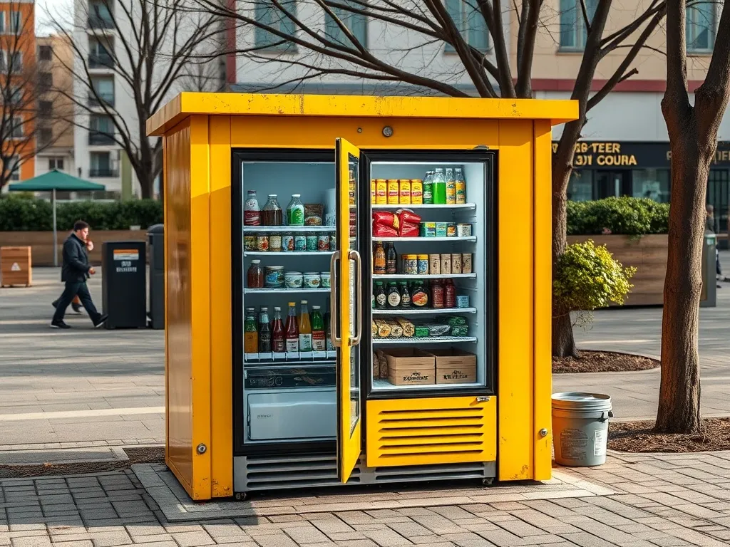 A brightly painted outdoor community fridge in an urban sett