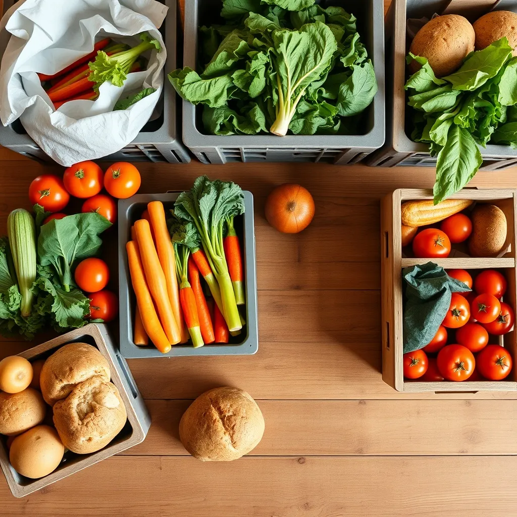 A clean wooden table with crates of fresh local vegetables a
