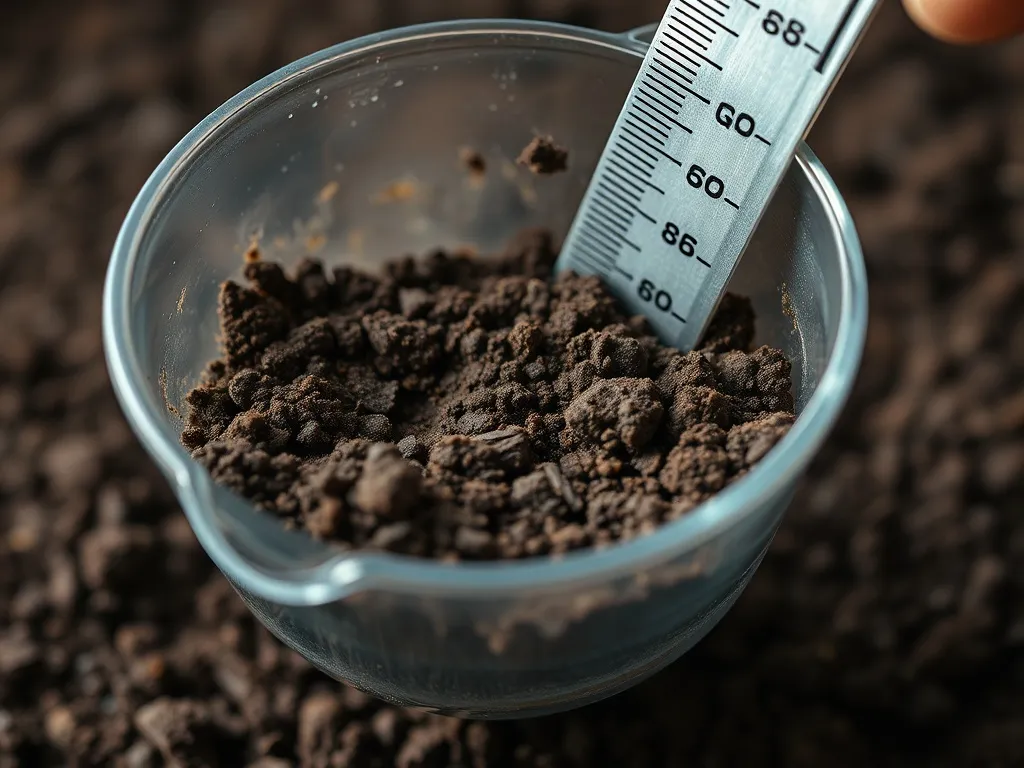 A close-up of dark rich organic soil being measured in a tec