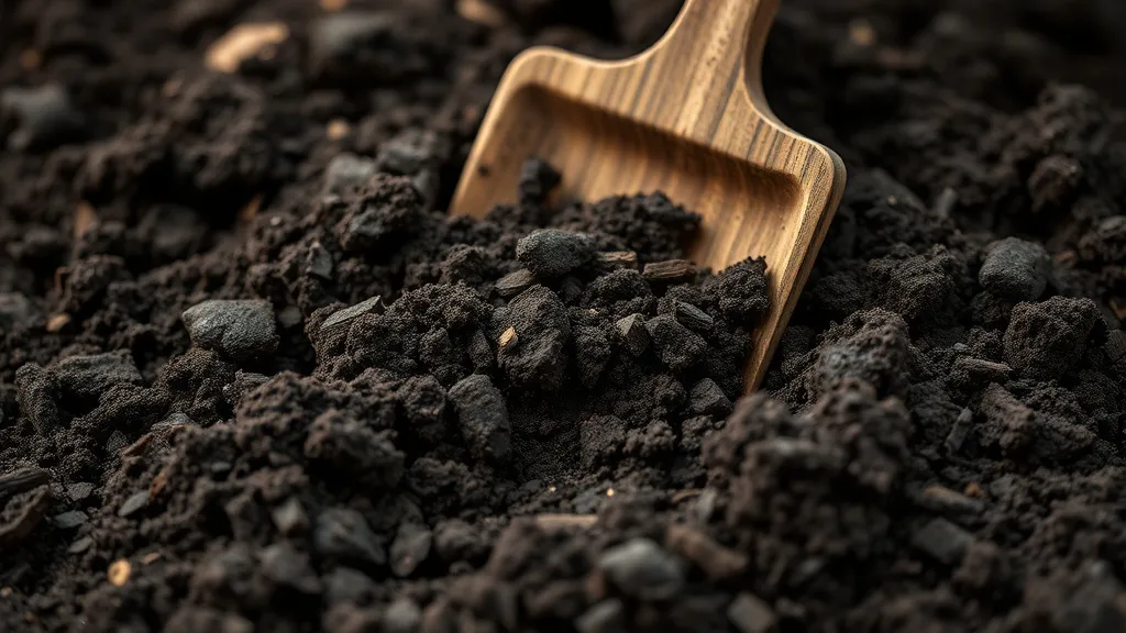 Close up of dark organic compost soil with a small wooden sh