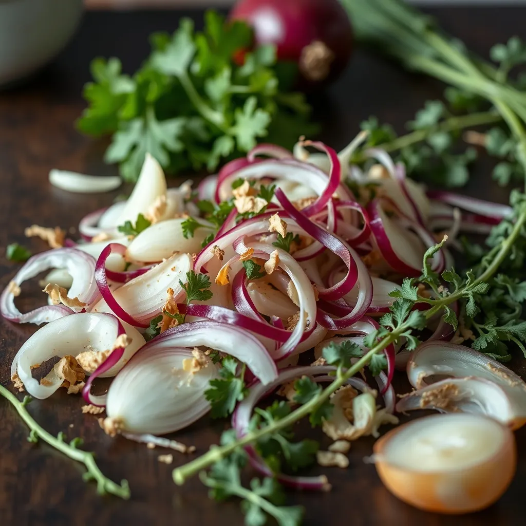 Close-up of fresh vegetable scraps, herb stems, and onion sk
