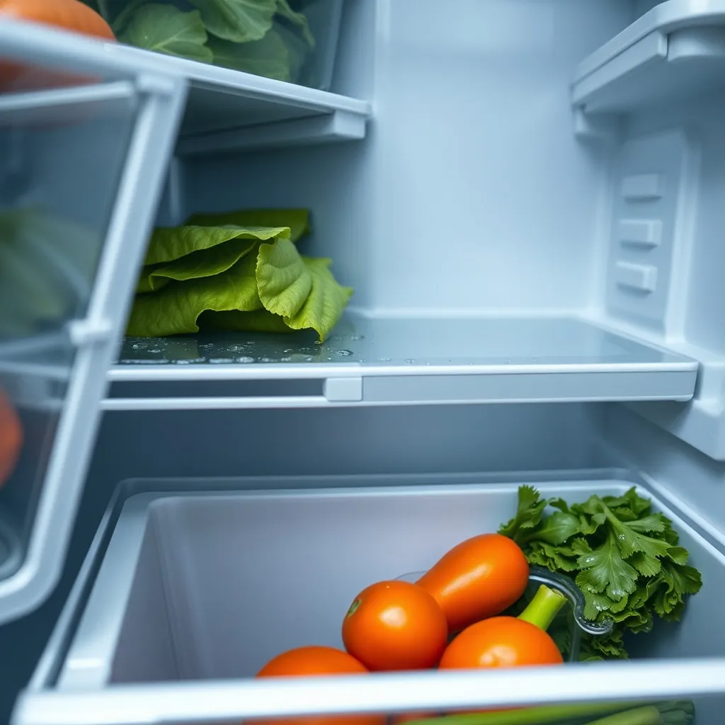 Technical close up of refrigerator drawers with humidity sli
