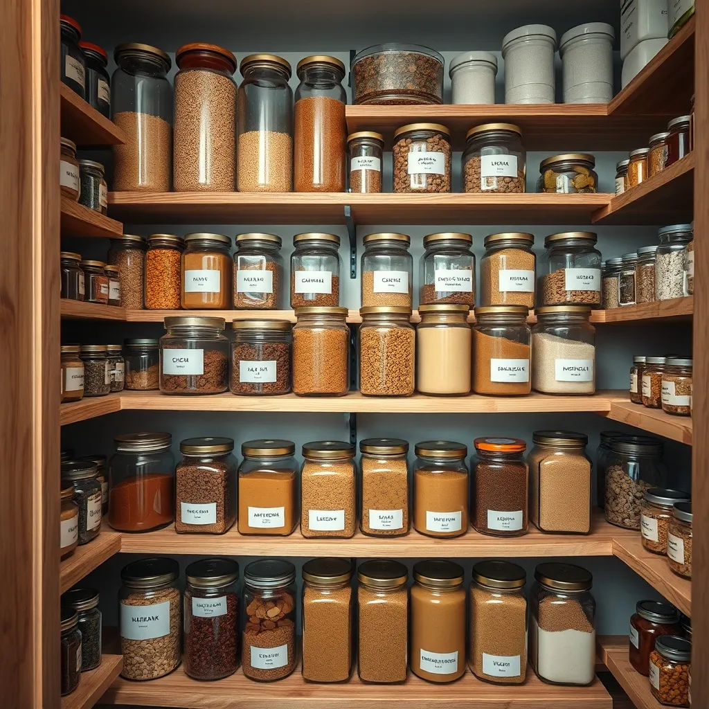 A top-down organized pantry with glass jars, wooden shelves,