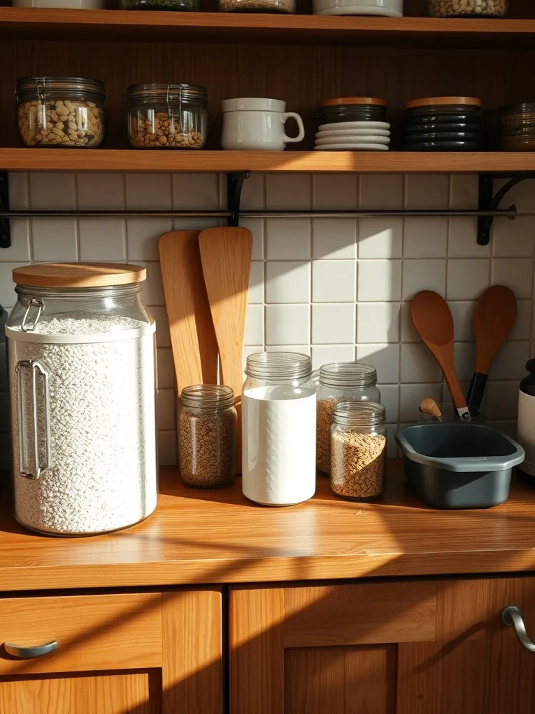 A high-angle shot of a clean, organized wooden kitchen count