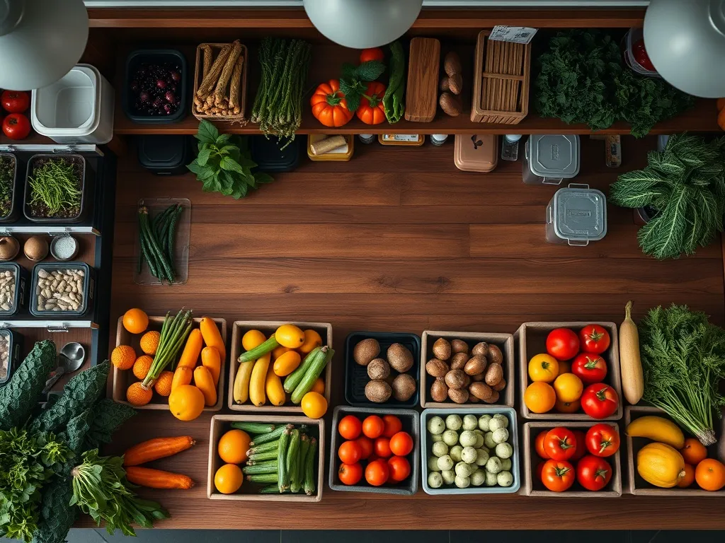 A professional overhead shot of a clean, organized wooden gr