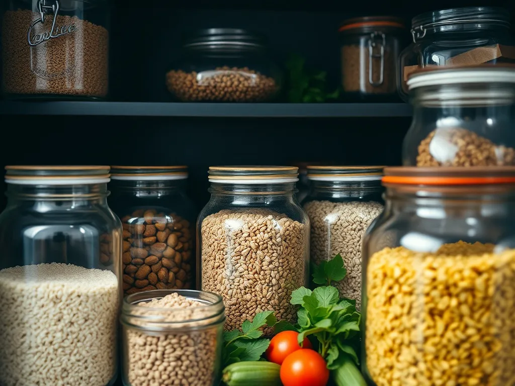 Close-up of organized glass jars with grains and fresh veget