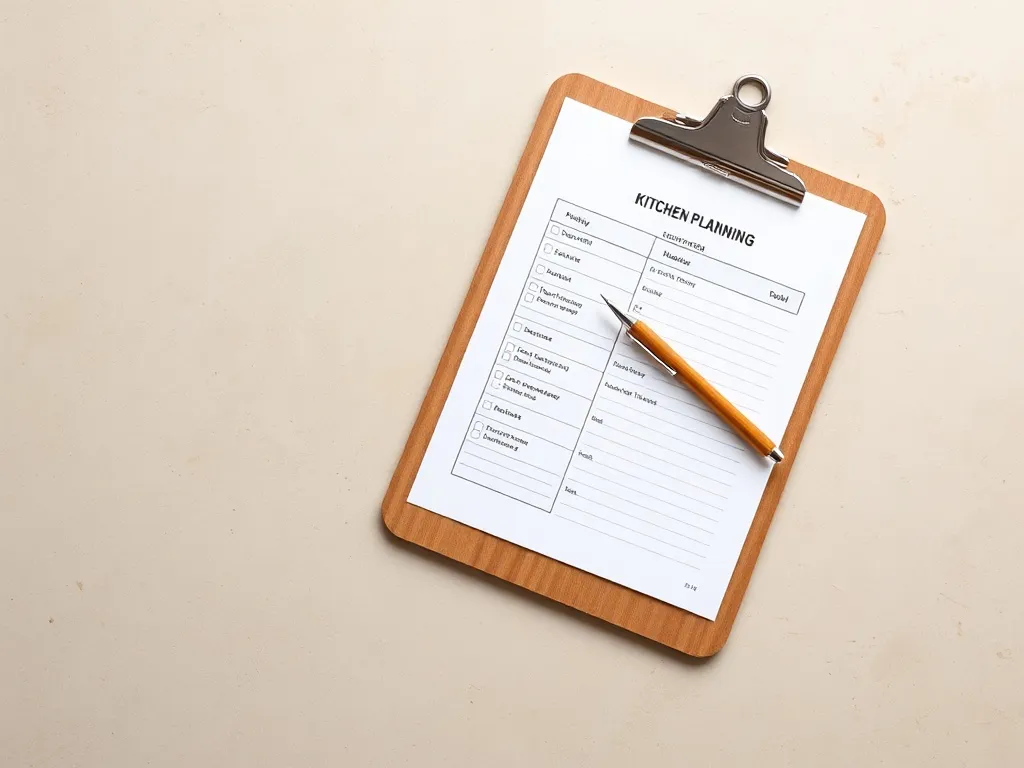 A high-quality top-down photo of organized kitchen planning