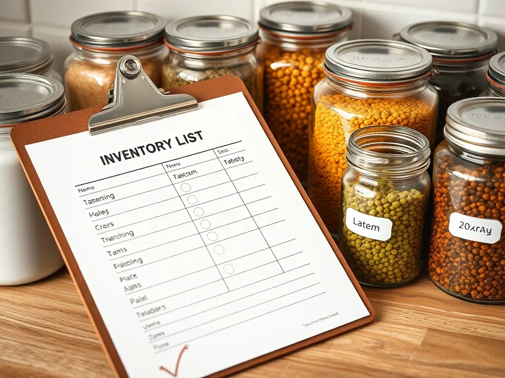 A close-up of a kitchen inventory list on a clipboard next t